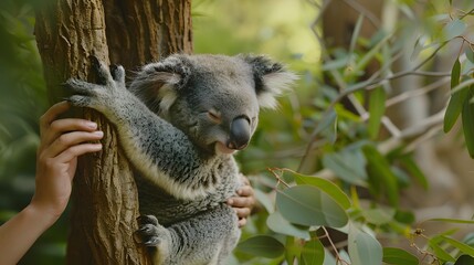 Obraz premium Petting a Koala: Hands gently petting a koala, focusing on the animal's relaxed posture in a eucalyptus tree. 