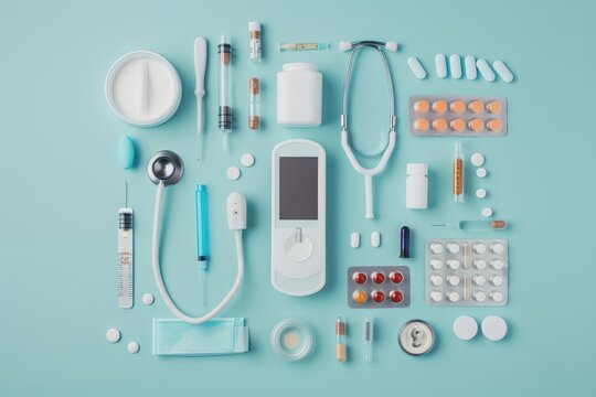 A flat lay showcasing telemedicine devices and primary care essentials, promoting remote healthcare accessibility