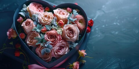 Fototapeta premium A heart-shaped box filled with fresh pink roses, perfect for romantic gestures and special occasions