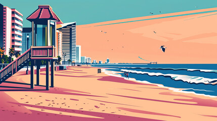 Risograph riso print travel poster, card, wallpaper or banner illustration, modern, isolated, clear, simple of Virginia Beach, Virginia, USA. Artistic, screen printing, graphic design