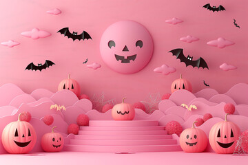 A pink background with a moon and bats