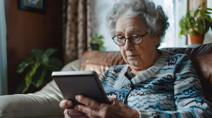 Obraz premium Elderly people who use modern technology such as tablets or smartphones Show your video call with your family. surf the internet