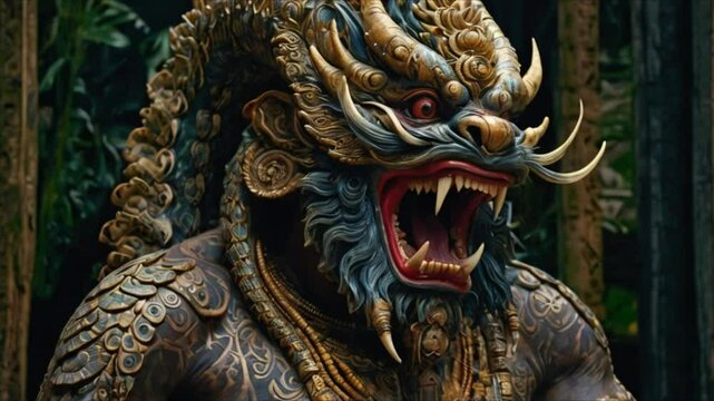 Rangda, a mythical creature from Bali, stares out from the image. Its body is twisted and scaled, with dark eyes. The painting is stunning and captures every detail with precision