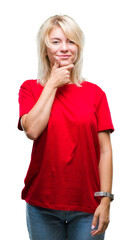 Young beautiful blonde woman wearing red t-shirt over isolated background looking confident at the camera with smile with crossed arms and hand raised on chin. Thinking positive.