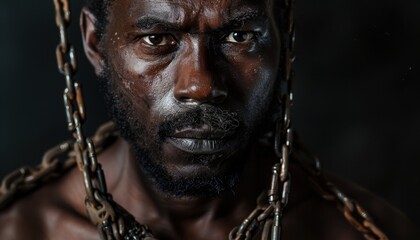 Close Up Portrait of a Man in Chains Against a Dark Background