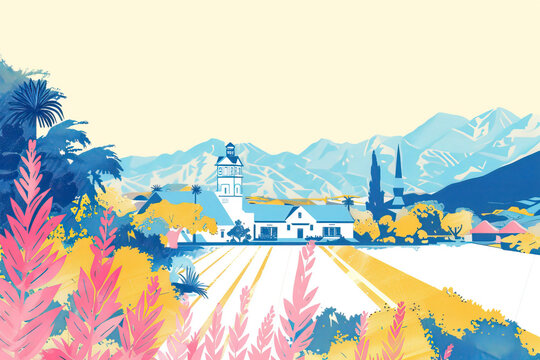 Risograph riso print travel poster, card, wallpaper or banner illustration, modern, isolated, clear, simple of Visalia, California, USA. Artistic, screen printing, stencil