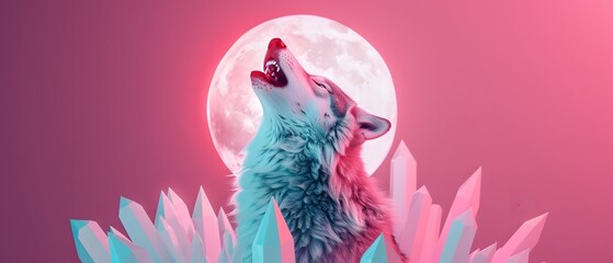 Obraz premium Wolf howling at the moon in a surreal, pink and blue landscape.