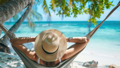 Woman Relaxing in Hammock on Tropical Beach Under Palm Trees