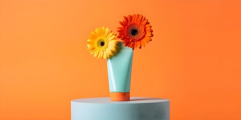 Blue podium with sunscreen tube and colorful flowers on orange background. Concept Sun Protection, Summer Essentials, Color Pop, Orange Aesthetic, Beauty in Contrast