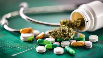 Cannabis versus medicine, alternative medicine, natural remedies, hemp, marijuana, legal cannabis from the pharmacy, cannabis leaf with pills