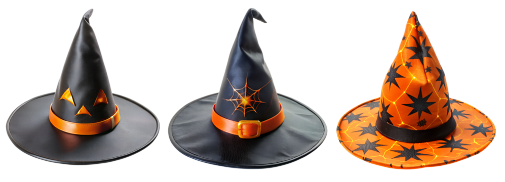 Halloween witch's black and orange wizard hat set of three isolated on a transparent background. Holiday and fun concept.