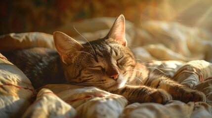 Cat napping in a sunbeam, representing relaxation and comfort
