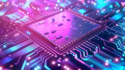 Obraz premium A close-up of a glowing circuit board with a central processing unit. The board is illuminated with vibrant pink and blue light.