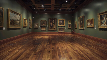 Art gallery exhibition room featuring classic oil paintings and a quiet ambiance