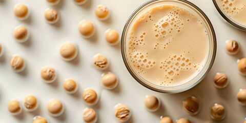 Overhead shot of soy milk in a glass on a white background. Concept photography, food and drink, soy milk, overhead shot, white background