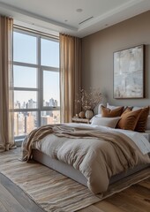 Contemporary Bedroom A sleek bedroom with a platform bed, neutral color palette, and floor-to-ceiling windows. Add a modern art piece above the bed and a minimalist nightstand.