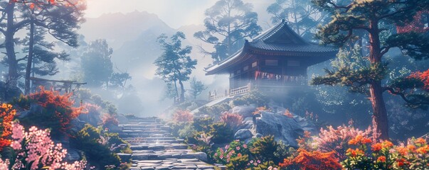 Obraz premium Traditional Japanese temple anime style on a misty mountain with stone steps leading up through a forest of ancient trees and blooming flowers