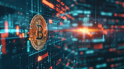 Bitcoin coin in front of a computer screen displaying blockchain data and analytics