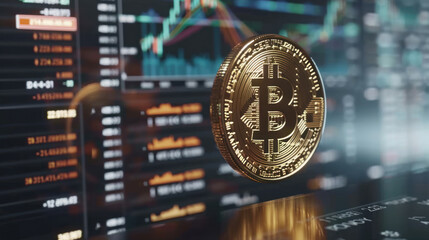 Bitcoin coin in front of a computer screen displaying blockchain data and analytics
