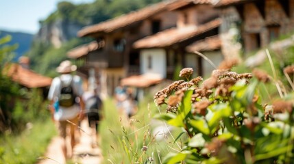 Obraz premium A group of hikers treks through a scenic mountain village, surrounded by lush greenery and traditional houses, capturing the beauty of nature and adventure.