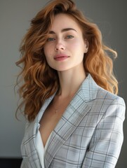 Fototapeta premium A woman with long red hair is dressed in a suit, perfect for business or formal occasions