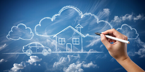 schematic drawing, tree, car, cloud