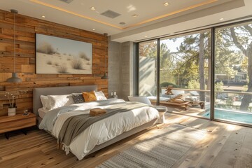 Contemporary Bedroom A sleek bedroom with a platform bed, neutral color palette, and floor-to-ceiling windows. Add a modern art piece above the bed and a minimalist nightstand.