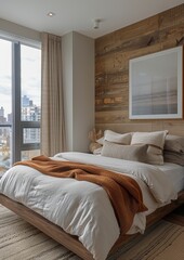 Fototapeta premium Contemporary Bedroom A sleek bedroom with a platform bed, neutral color palette, and floor-to-ceiling windows. Add a modern art piece above the bed and a minimalist nightstand.