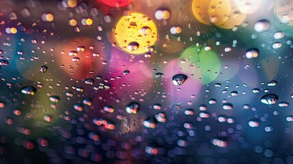 Abstract image of water drops on a glass surface, with a rainbow of colors refracting through them.