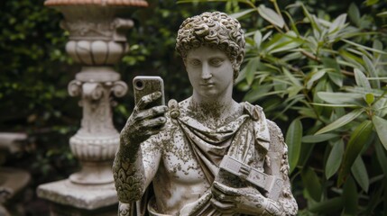 Antique stone statue taking selfie on phone