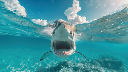 Bottom view of a shark's toothy mouth in clear blue water, swimming towards the viewer