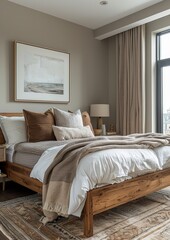 Contemporary Bedroom A sleek bedroom with a platform bed, neutral color palette, and floor-to-ceiling windows. Add a modern art piece above the bed and a minimalist nightstand.