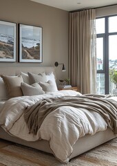 Contemporary Bedroom A sleek bedroom with a platform bed, neutral color palette, and floor-to-ceiling windows. Add a modern art piece above the bed and a minimalist nightstand.