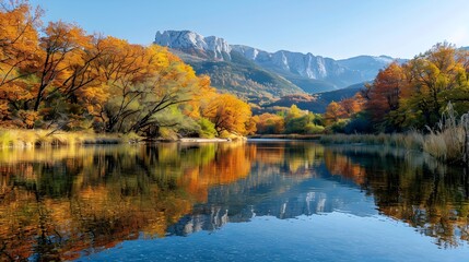 Fototapeta premium Serene Autumn Morning in the Mountains with Colorful Foliage and Calm Reflecting River