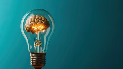 Incandescent lamp with a glowing brain inside on blue background. Creative minimalistic layout for idea development. Business, creativity, brainstorming. Place for text