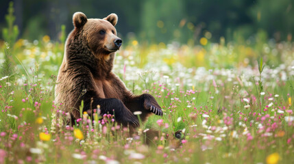 Fototapeta premium Brown bear (Ursus arctos) sitting on its hind legs in a meadow, surrounded by wildflowers