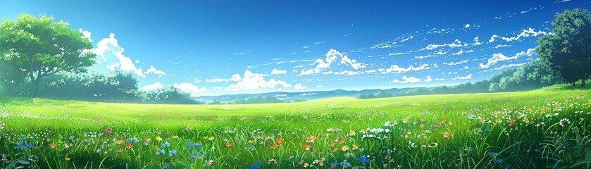 Obraz premium Vast grassy field covered in vibrant wildflowers anime style with a brilliant blue sky and gentle rolling hills in the background