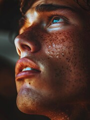 Obraz premium A close-up shot of a man's face with distinctive freckles, suitable for use in portraits, profiles or as a reference image