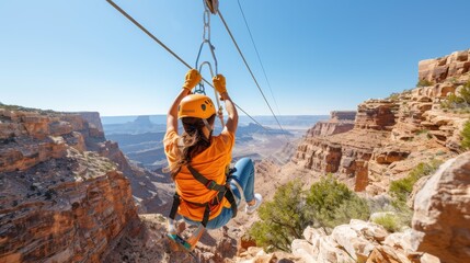 A person wearing yellow helmet and gear ziplines across a breathtaking Grand Canyon landscape surrounded by rugged cliffs and bright blue skies, experiencing adventure and thrill.