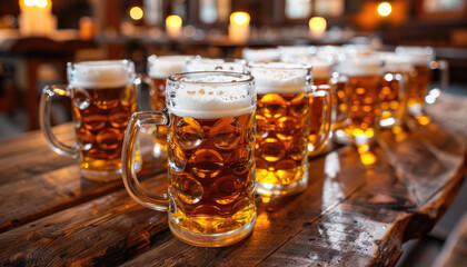 many glasses of beer on wooden table at a beer festival, pub with light garland on the background no people
