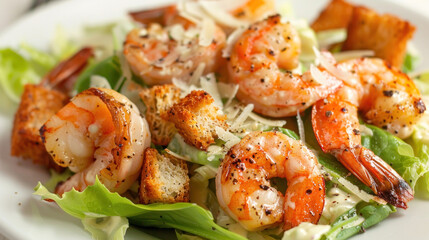 Caesar salad topped with grilled shrimp, croutons, and a zesty Caesar dressing, on a white plate