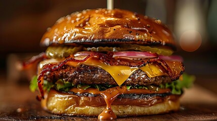 Delicious gourmet burger with melted cheese, crispy bacon, and fresh vegetables stacked on a sesame seed bun.