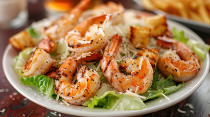 Caesar salad topped with grilled shrimp, croutons, and a zesty Caesar dressing, on a white plate