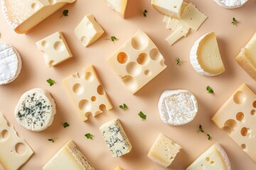 Different pieces and types of cheese, top view. Masdam, camembert, cheddar, gouda, parmesan, dor blue, brie, nuts, honey and rosemary sprigs on beige background