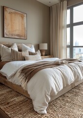 Contemporary Bedroom A sleek bedroom with a platform bed, neutral color palette, and floor-to-ceiling windows. Add a modern art piece above the bed and a minimalist nightstand.