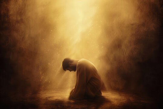 A silhouette of a person kneeling in a meditative pose, surrounded by a warm golden light, symbolizing spirituality, peace, and enlightenment.