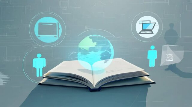 concept of digital literacy or e-learning, low poly book with futuristic element