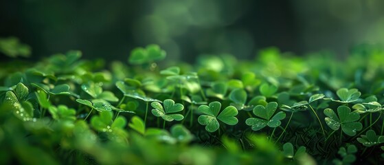 In a supernatural scene, clover patches are guarded by tiny enchanted creatures, their leaves brimming with luck and magical vitality