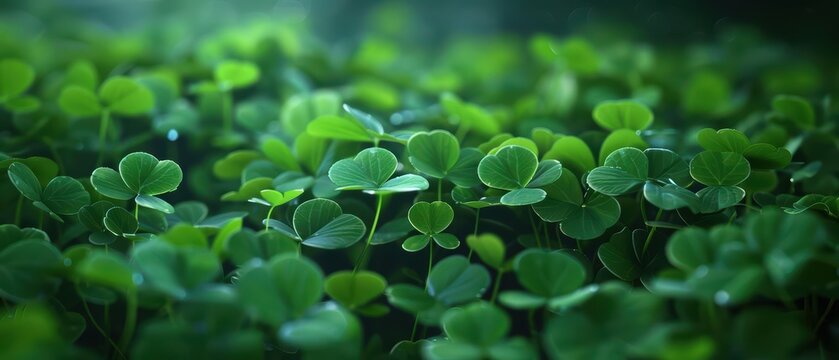 In a supernatural scene, clover patches are guarded by tiny enchanted creatures, their leaves brimming with luck and magical vitality