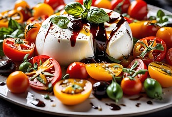 Obraz premium creamy burrata cheese drizzled colorful heirloom tomatoes, oozing, fresh, ripe, juicy, vibrant, red, white, soft, round, sliced, green, yellow, purple